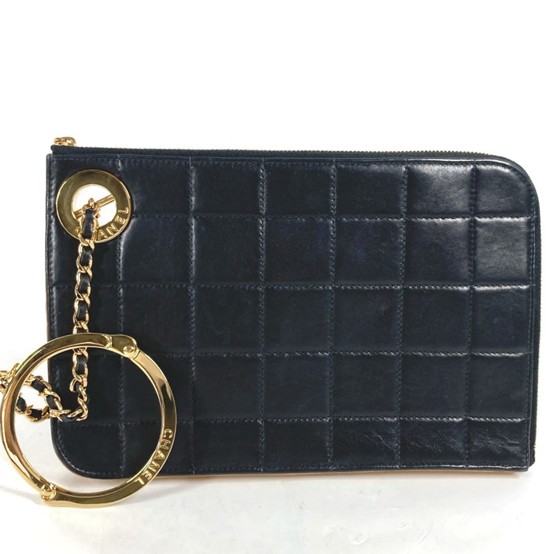 Chanel Chocolate Bar L-shaped zipper Pouch 2WAY Chain Clutch bag Black Gold