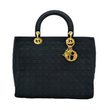 Christian Dior Lady Cannage Handbag Tote Quilted Canvas Black