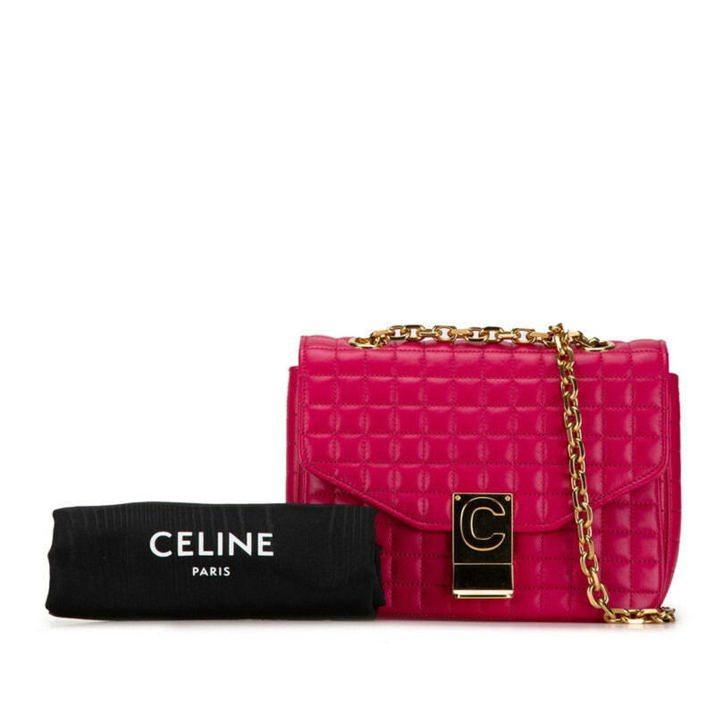 Celine Small C Quilted Chain Shoulder Bag Pink Gold Calf Leather Women's CELINE