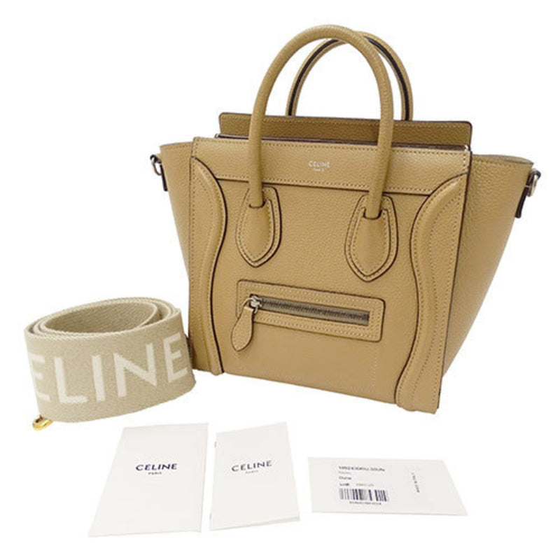 CELINE Women's Bag Handbag Shoulder 2way Drummed Calfskin Luggage Nano Shopper Beige 189243