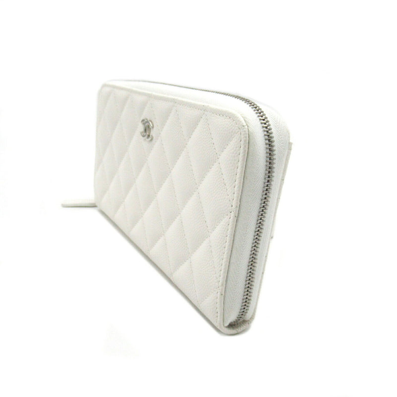 CHANEL Matelasse Round Long Wallet Caviar Skin (Grained Calf) Men's Women's White