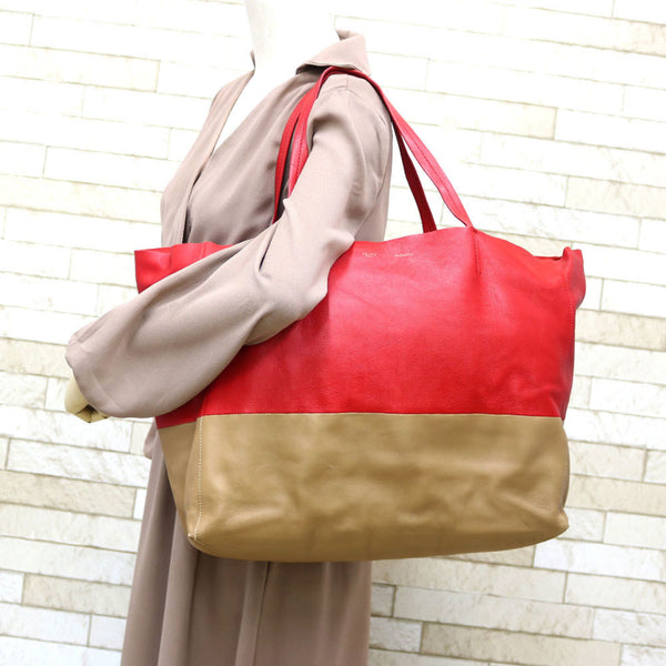 Celine Shoulder Bag Cabas Horizontal Tote 2way Red x Beige Ladies