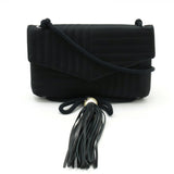 CHANEL Coco Pearl Shoulder Bag Pochette Tassel Satin Black