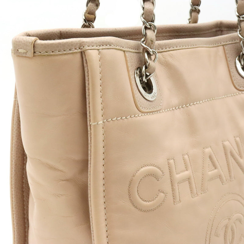 CHANEL Deauville Chain Shoulder Tote Bag Calf Leather Pink Beige A93256