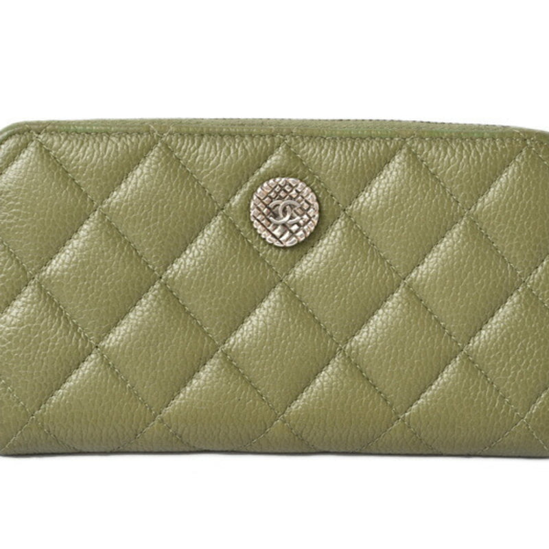 CHANEL Wallet Round Medium Quilted Matelasse Caviar Skin Moss Green