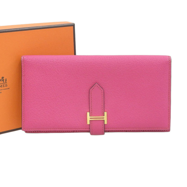 Hermes HERMES Bear Souffle Bifold Long Wallet Chevre Pink Rose Shocking GP Metal Fittings □M Engraved