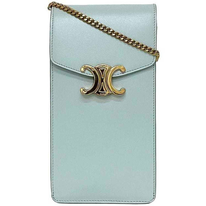 Celine Chain Shoulder Bag Vertical Mobile Pouch Light Blue Triomphe 10J133DPV.07SZ Pochette Shiny Calf Leather CELINE Flap Compact