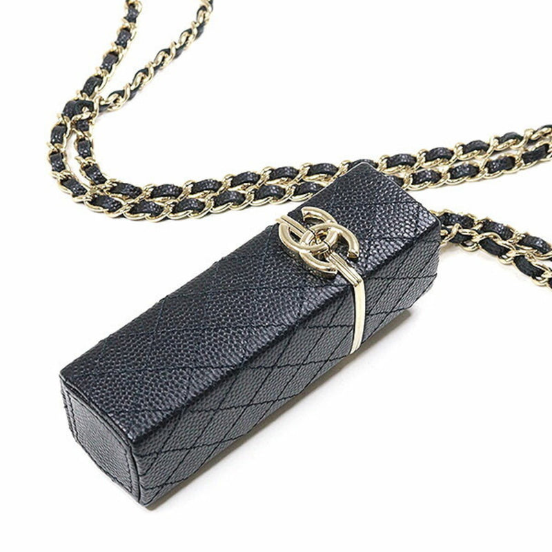 Chanel Lipstick Case with Chain Strap Calf Leather Black/Light Gold AP2192 Matelasse