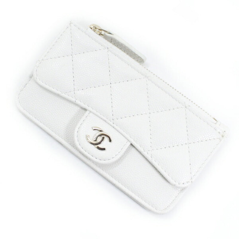 CHANEL Coin Case Card Timeless Classic Line Purse Coco Mark White Ladies Caviar Skin Leather Matelasse Wallet Compact T4160