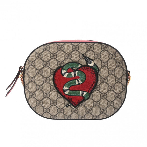 GUCCI GG Supreme Chain Shoulder Bag Holiday Collection Greige/Red 409535 Women's PVC/Calf