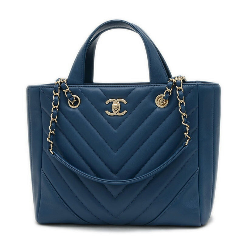 Chanel Chevron V-stitch Tote Bag Leather Blue A91642