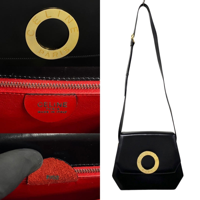 CELINE Circle Metal Fittings Calf Leather Shoulder Bag Pochette Black Red Lining 24315