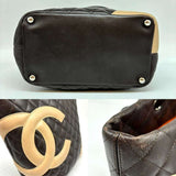 CHANEL Cambon Line Tote Bag Leather Nylon Dark Brown Beige