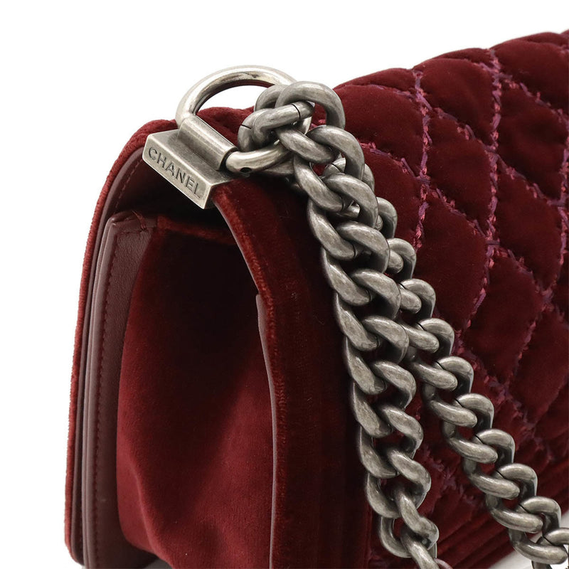 CHANEL Boy Chanel Matelasse Coco Mark Chain Shoulder Bag Velour Leather Wine Red