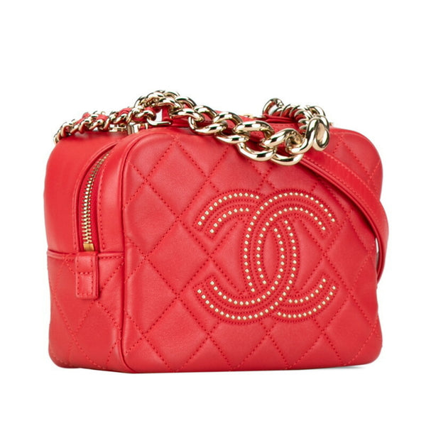 Chanel Matelasse Coco Mark Studs Chain Handbag Shoulder Bag Red Lambskin Women's CHANEL