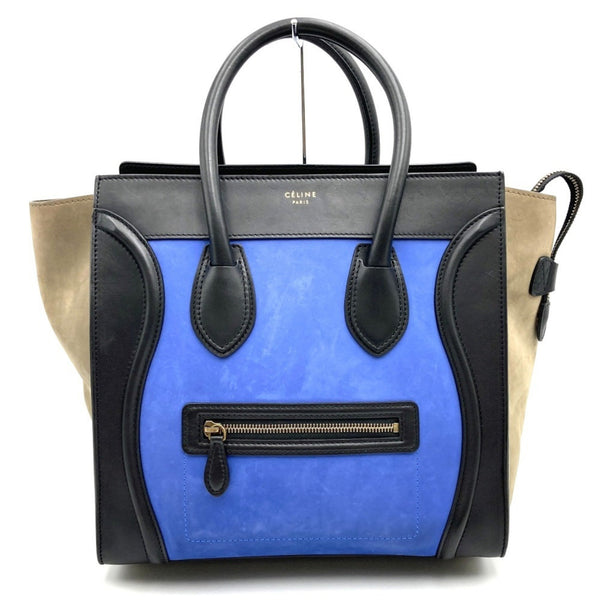 CELINE Luggage Shopper Handbag Multicolor Blue x Khaki Black Suede Leather Women's