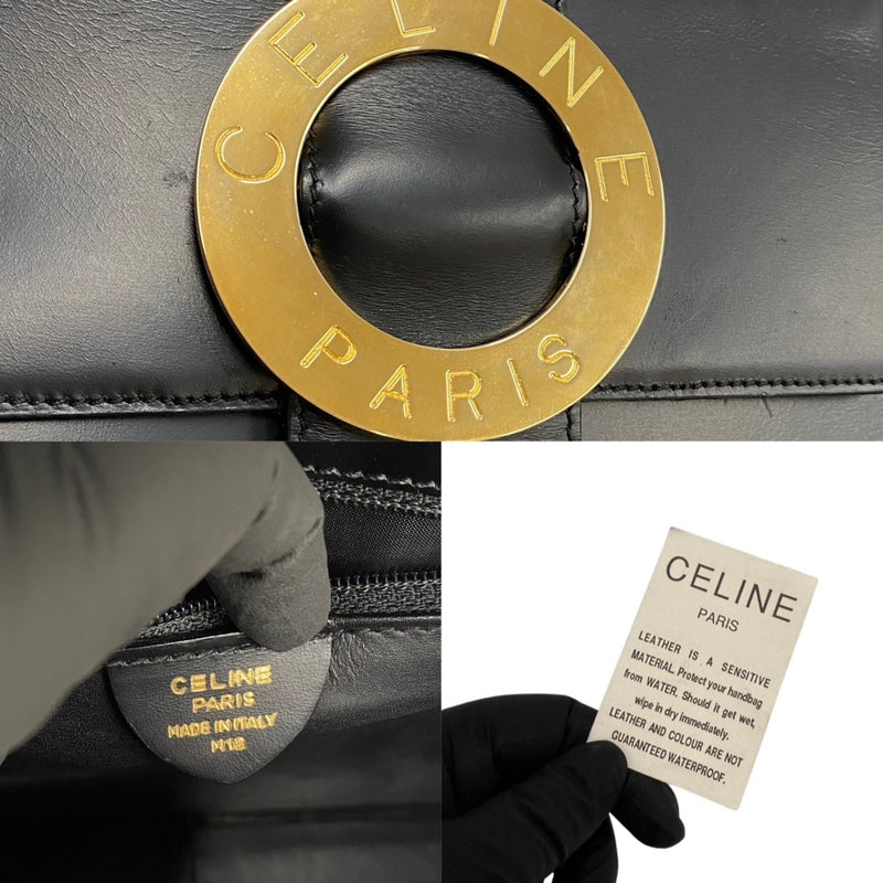 CELINE Circle Logo Metal Fittings Calf Leather Genuine 2way Shoulder Bag Handbag Black