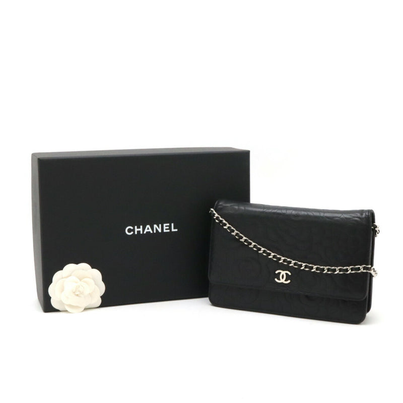 CHANEL Camellia Chain Wallet Shoulder Bag Pochette Lambskin Leather Black 7421