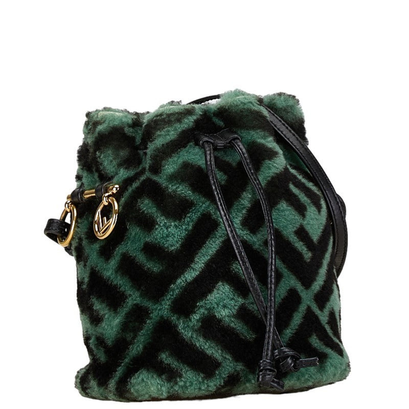 FENDI ZUCCA MON TRESOR BUCKET BAG SHOULDER 8BS010 GREEN BLACK FUR LEATHER WOMEN'S