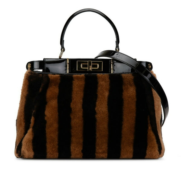 FENDI Peekaboo Regular Pecan Handbag Shoulder Bag 8BN290 Black Brown Mouton Enamel Women's