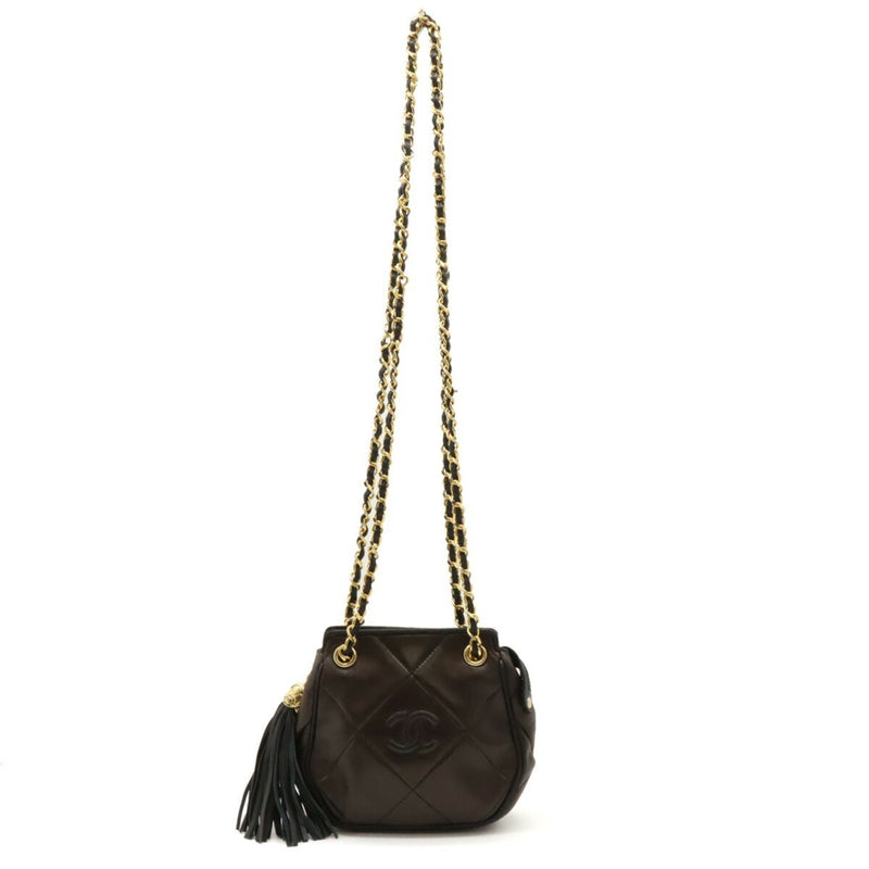 CHANEL Coco Mark Matelasse Chain Shoulder Tote Tassel Leather Black Dark Brown