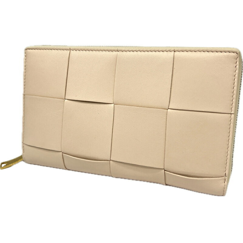 BOTTEGA VENETA Bottega Veneta Round Long Wallet Leather Pink Beige Intrecciato Women's Men's Unisex