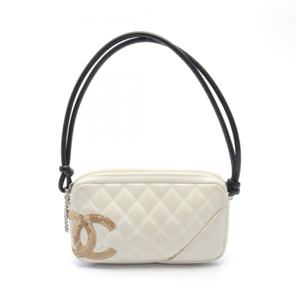 CHANEL Cambon Line Handbag Bag Leather Exotic Women's White Black Beige A25175