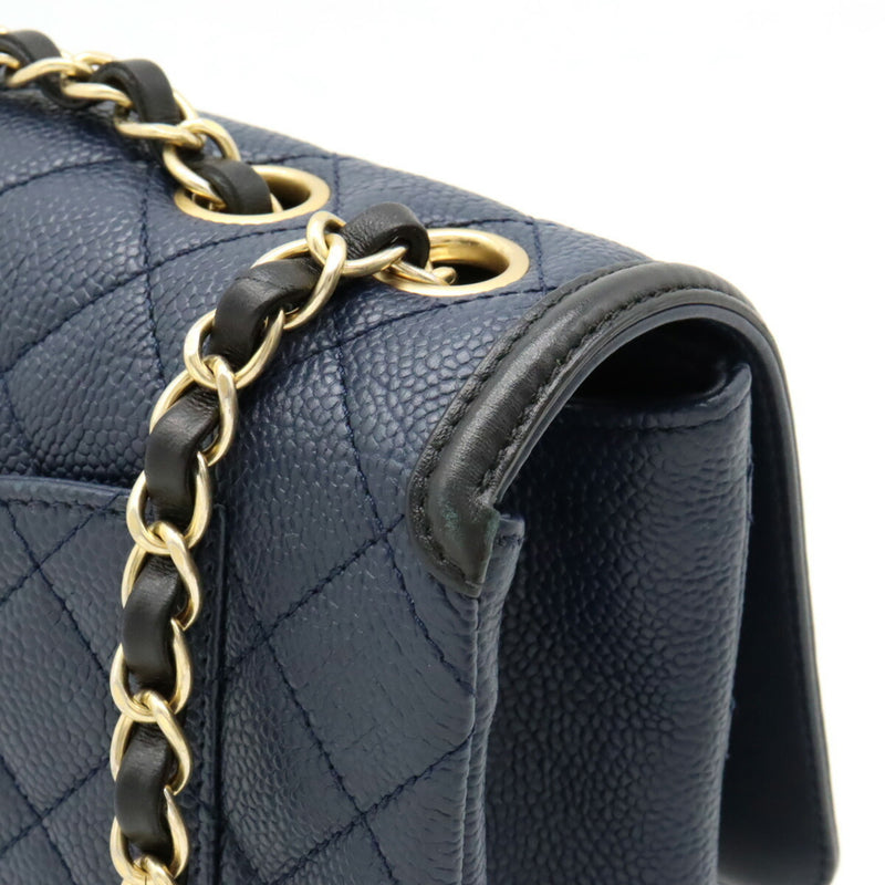 CHANEL CC Filigree Flap Bag Chain Shoulder Caviar Skin Leather Navy A93340