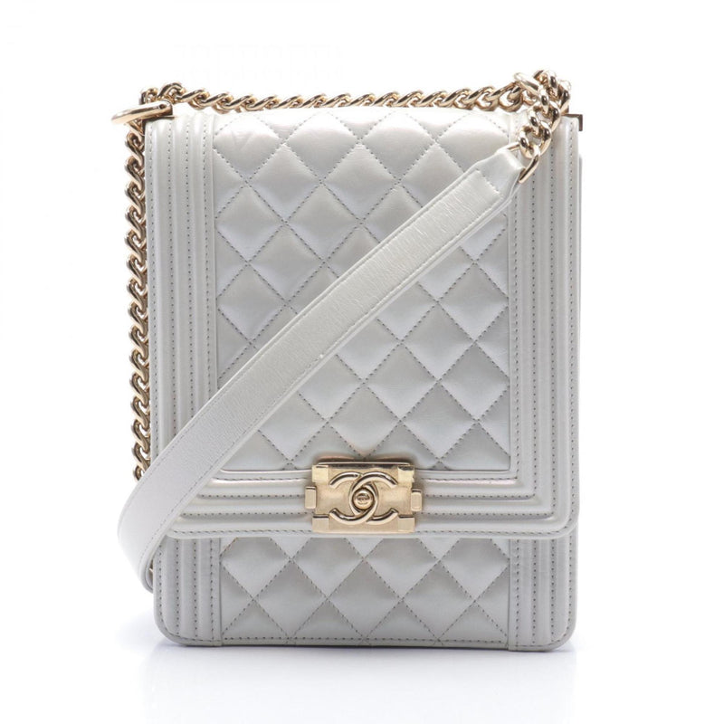 CHANEL Boy Chanel Matelasse Shoulder Bag Leather Women's White