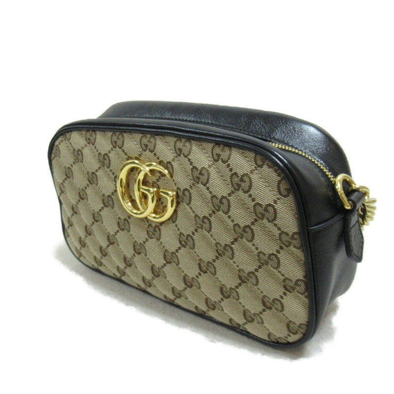 Gucci GG Marmont Shoulder Bag Canvas Leather Women's Beige Black 447632