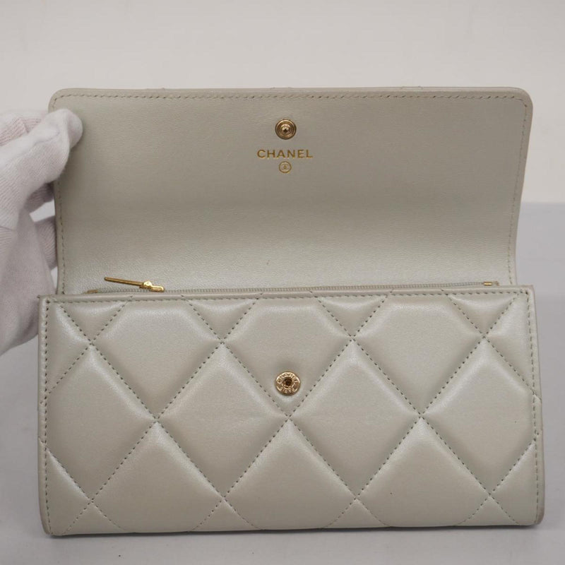 Chanel Long Wallet Matelasse Lambskin Grey Champagne Women's