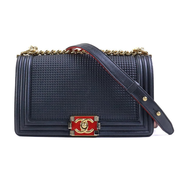 CHANEL Shoulder Bag Boy Chanel Leather Metallic Navy Ladies A92095