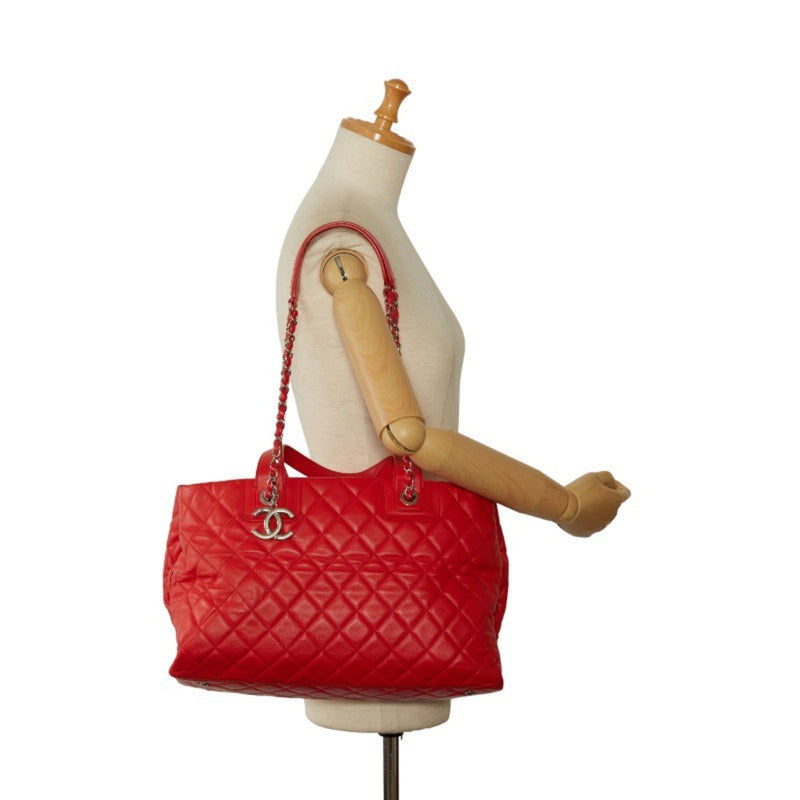 Chanel Coco Mark Matelasse Chain Shoulder Bag Tote Red Silver Leather Women's CHANEL