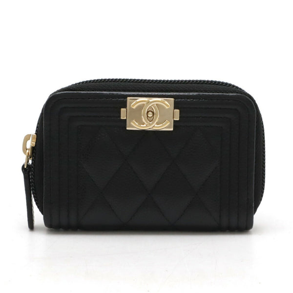 CHANEL BOY Coco Mark Coin Case, Round, Caviar Skin, Leather, Black, A80602