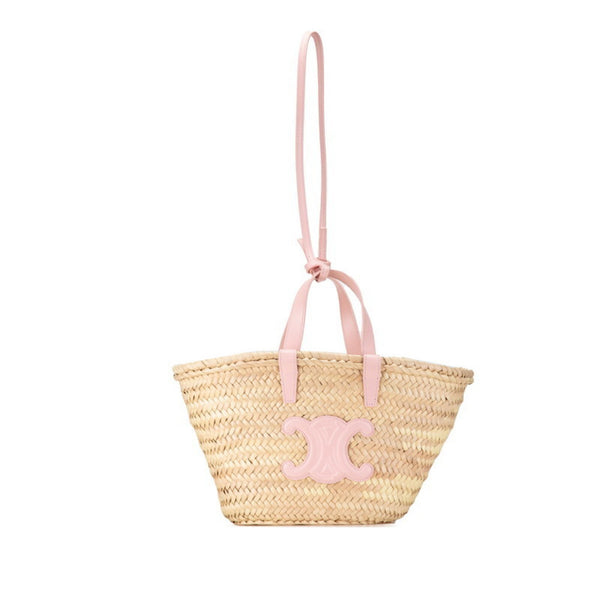 Celine Triomphe Classic Palm Leaf Handbag Shoulder Bag U-SL-0243 Beige Pink Raffia Leather Women's CELINE