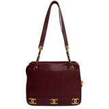 CHANEL Triple Coco Caviar Skin Mark Metal Fittings Leather Chain Tote Bag Bordeaux 16858