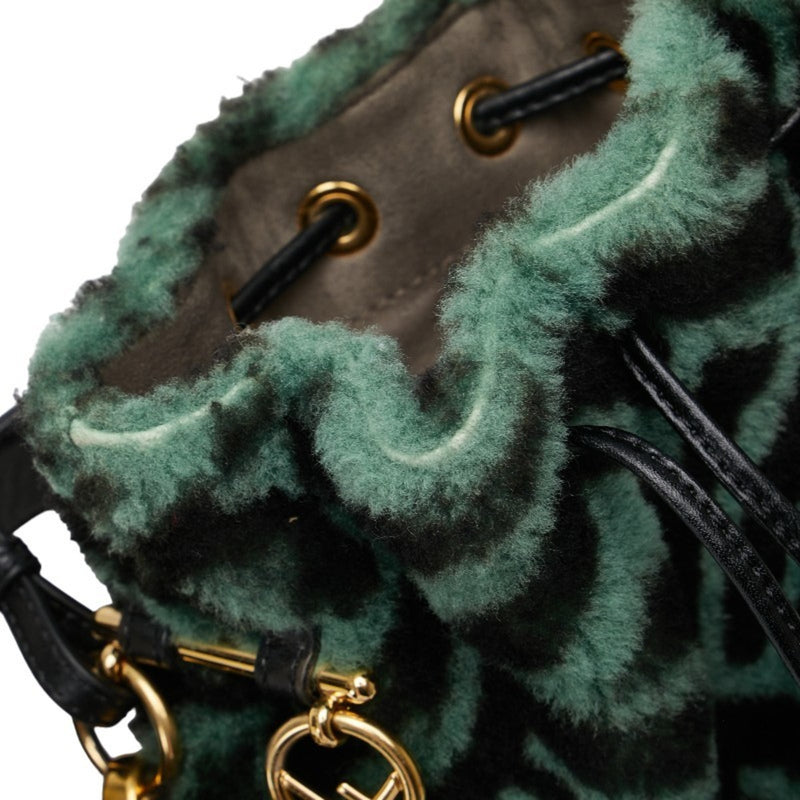 FENDI ZUCCA MON TRESOR BUCKET BAG SHOULDER 8BS010 GREEN BLACK FUR LEATHER WOMEN'S