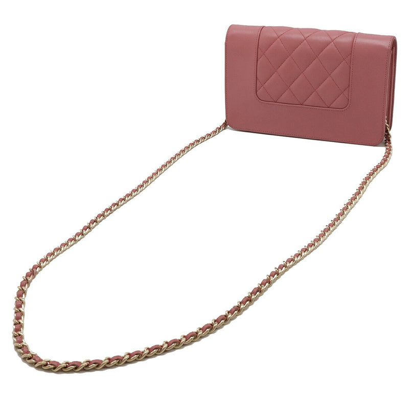 CHANEL Mademoiselle Matelasse Chain Wallet Shoulder Bag Pochette Leather Pink A80972