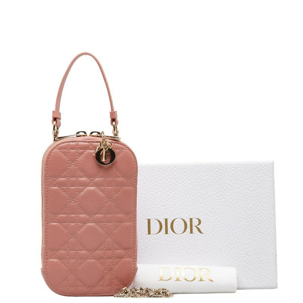 Christian Dior Dior Lady Phone Holder Smartphone Pouch Mobile Case Shoulder Bag Pink Lambskin Women's