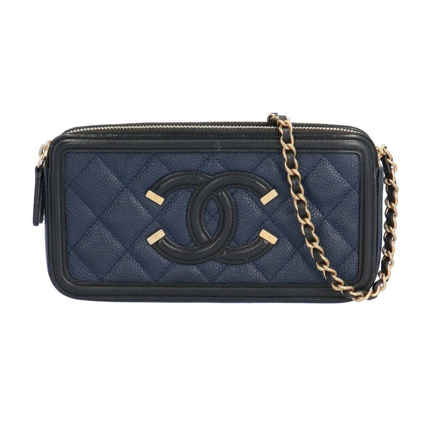 CHANEL CC Filigree Shoulder Bag Caviar Skin A84450 Blue Women's