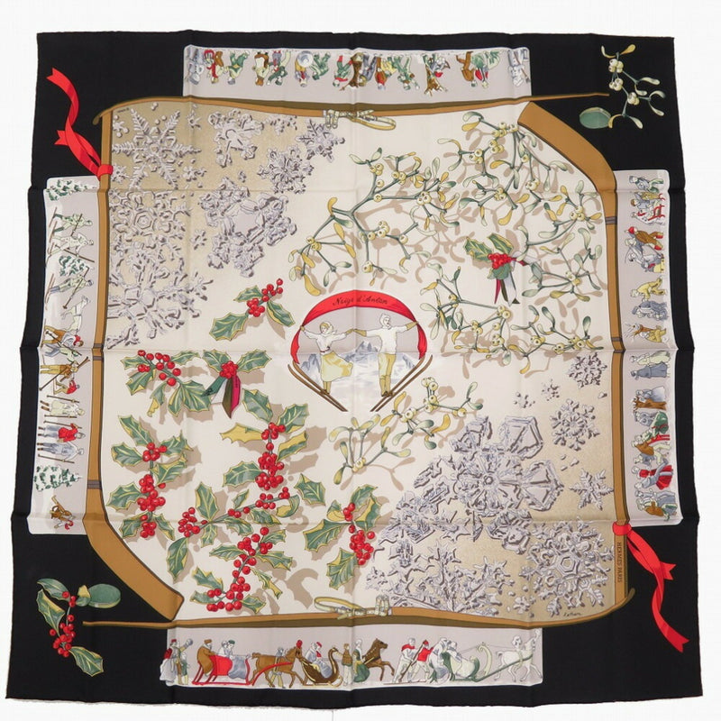 Hermes Carré 90 Neige d'antan Last Year's Snow Silk Black Beige Scarf Muffler 0087HERMES