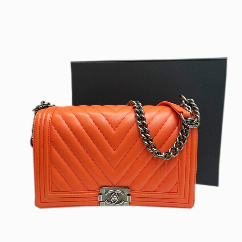 CHANEL Boy Chanel Chain Shoulder Bag Leather Orange V Stitch 23 Series