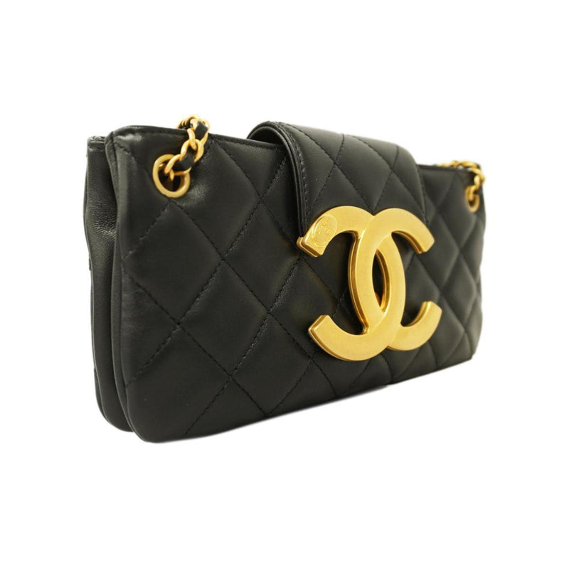 Chanel Shoulder Bag Matelasse W Chain Lambskin Black Gold Hardware Women's