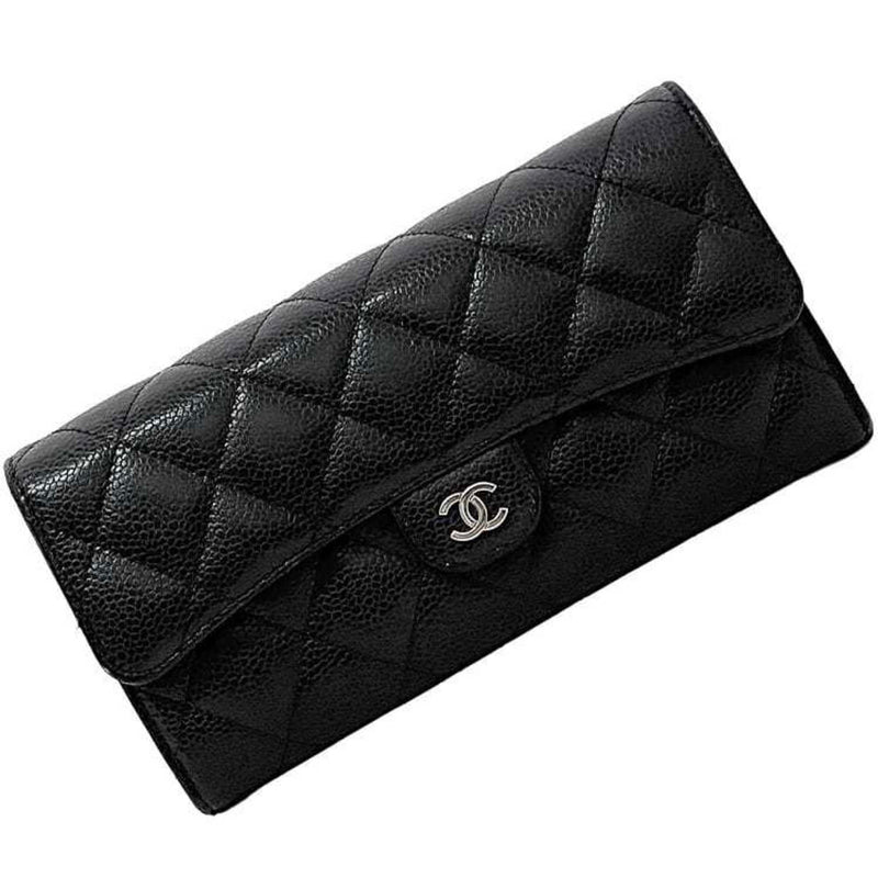 Chanel Bi-fold Long Wallet Black Matelasse AP0241 Leather Caviar Skin 28376574 CHANEL Coco Mark Flap Quilting Women's