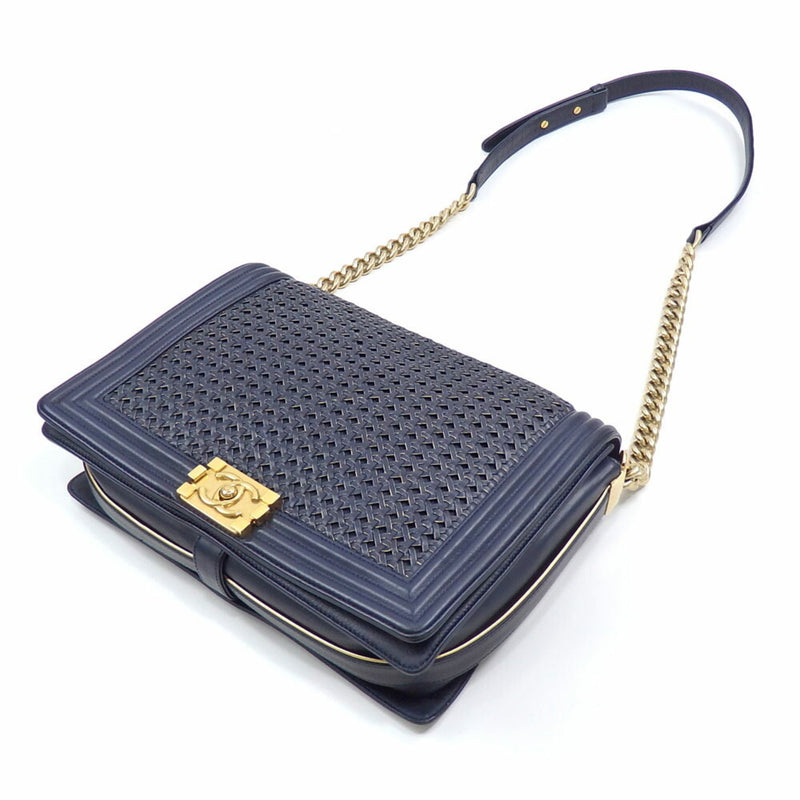 Chanel Chain Shoulder Bag Boy Women's Navy Blue Leather Coco Mark