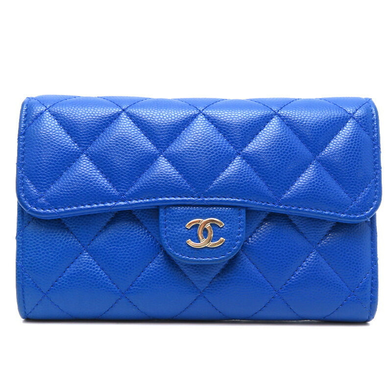 Chanel Matelasse Medium Wallet Women's Tri-fold AP0232 Caviar Skin Blue