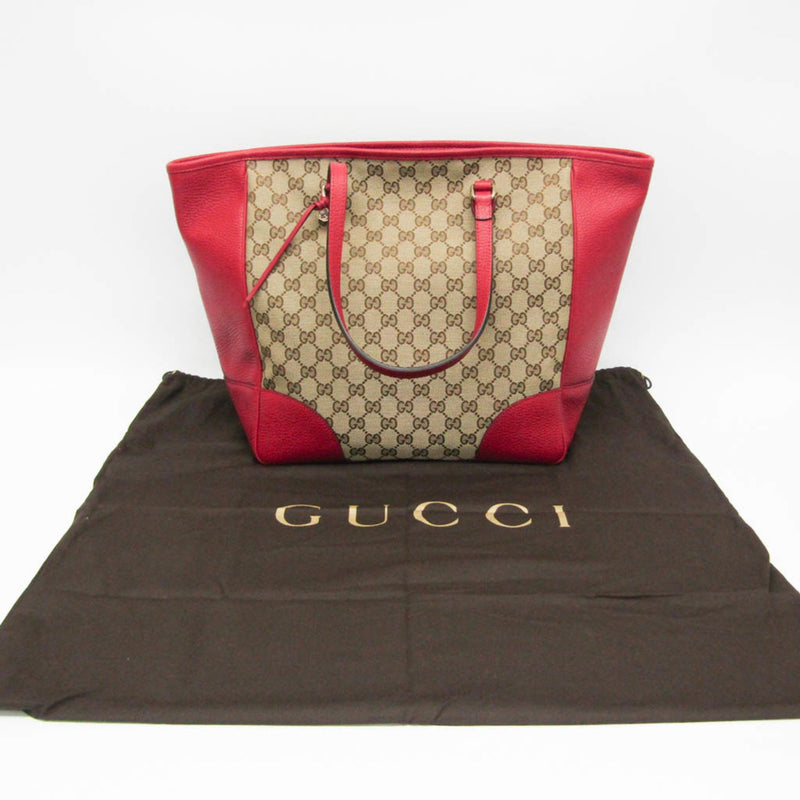 Gucci GG Canvas 449242 Women's Canvas,Leather Tote Bag Beige,Dark Brown,Red Color