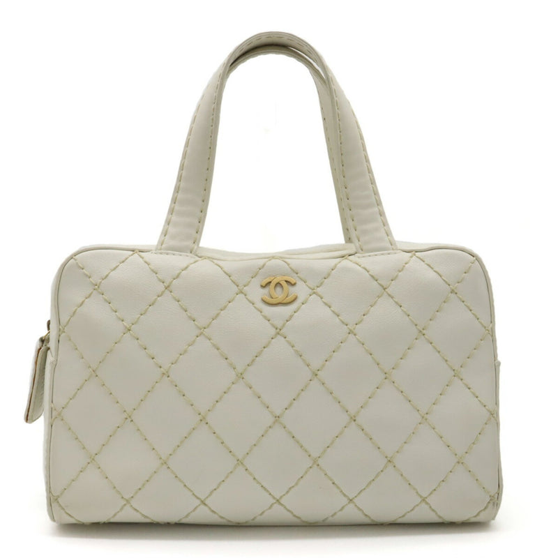 CHANEL Wild Stitch Handbag Boston Bag Leather White A14692