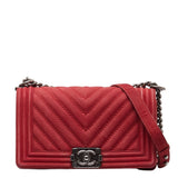 Chanel Boy Coco Mark Chain Shoulder Bag Red Silver Suede Women's CHANEL