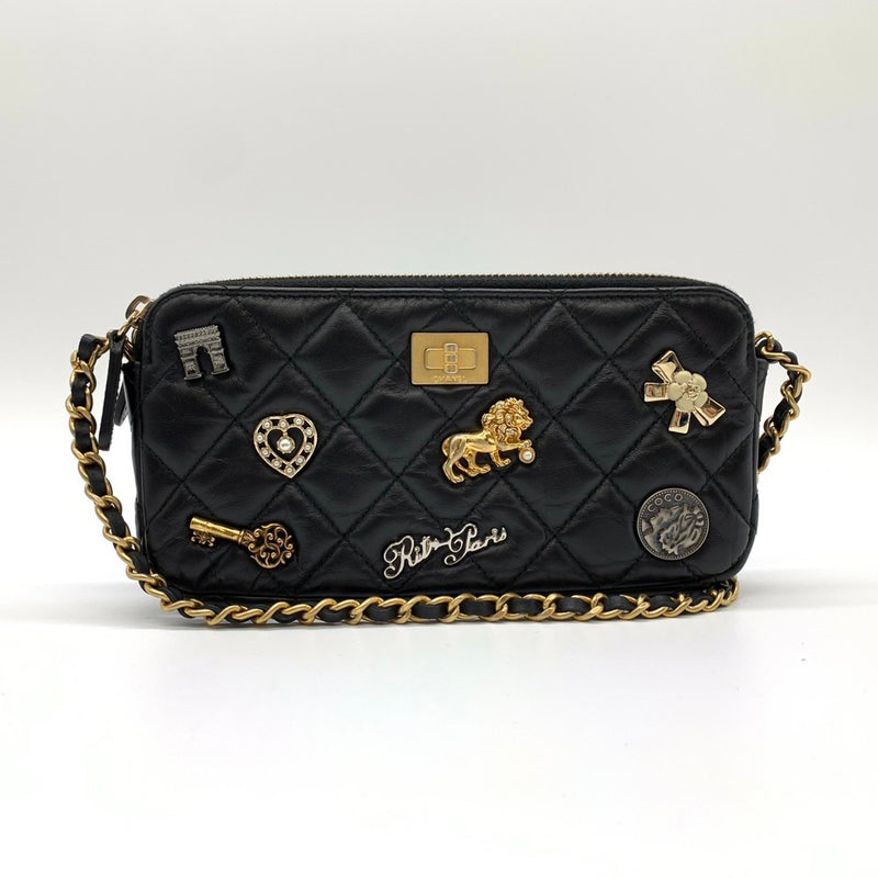 CHANEL Chanel 2.55 Chain Wallet Matelasse Lucky Charm Heart Key Ribbon Arc de Triomphe Lion Lambskin Black Women's